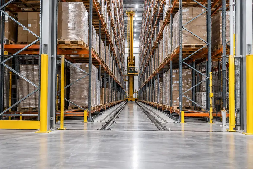 Automated high-bay warehouse aisle with stacked pallets and a stacker-crane rail route
