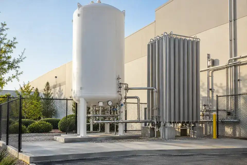Beverage plant CO2 storage utility area with a storage vessel, valves, transfer pipework and industrial service access