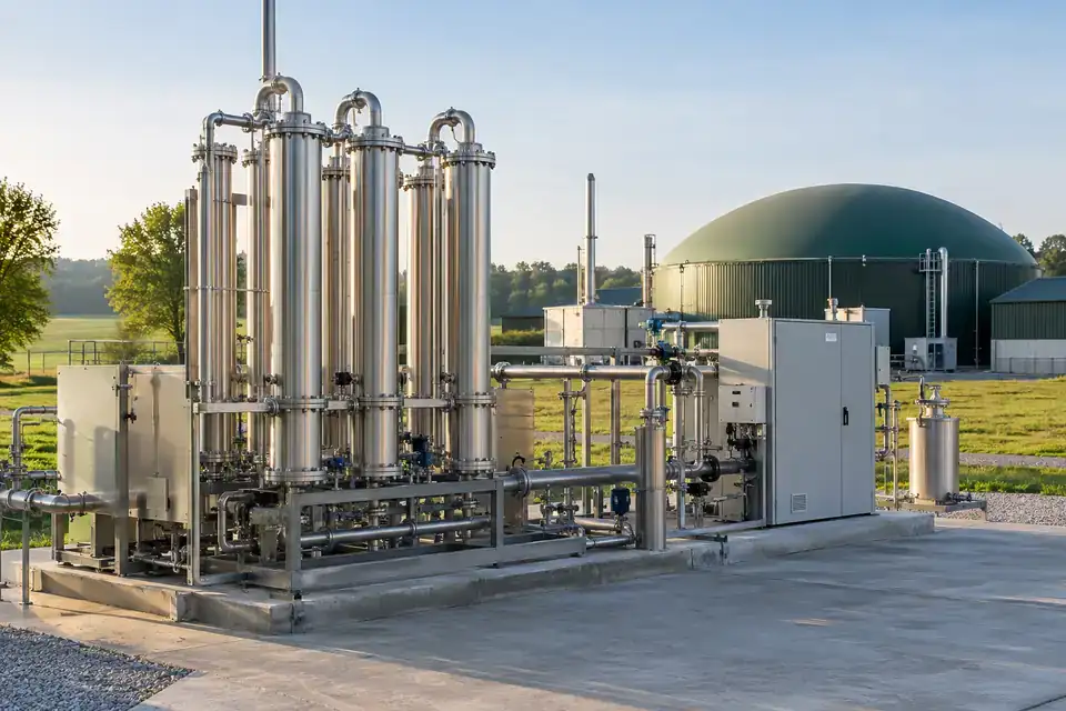 Biomethane upgrading and injection skid with gas treatment equipment and interconnected process manifolds