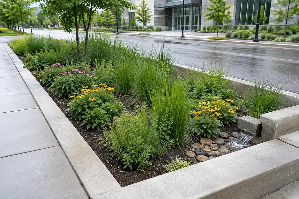 Engineered urban bioretention bed with planted growing medium, curb inlet and maintained landscaping