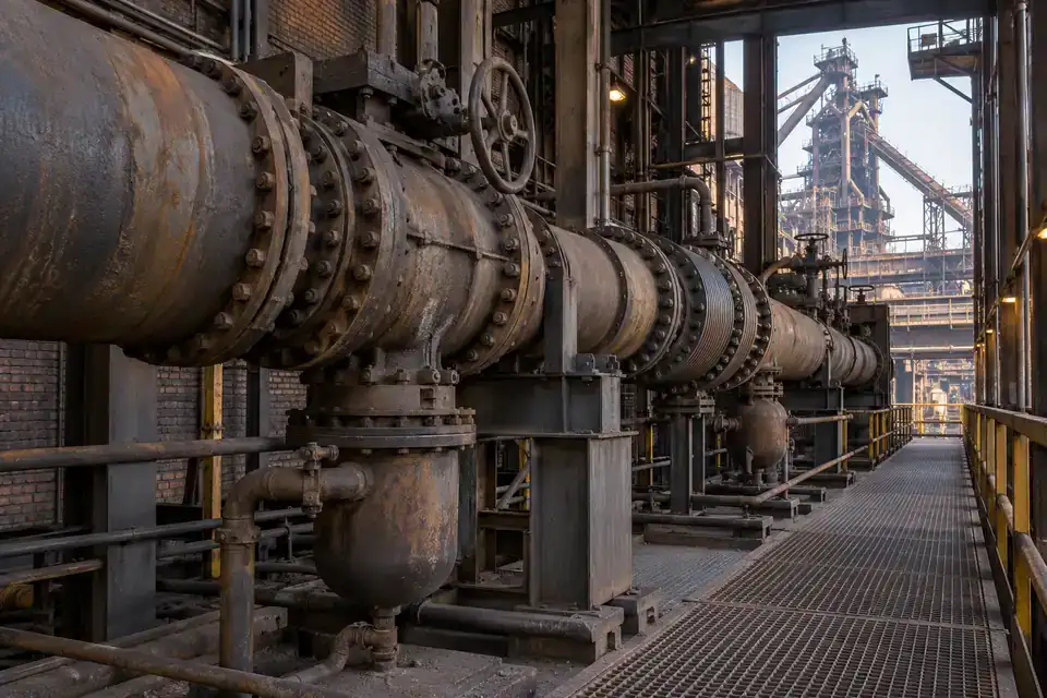 Steelworks blast-furnace gas service gallery with large process pipes, valves and an accessible industrial walkway