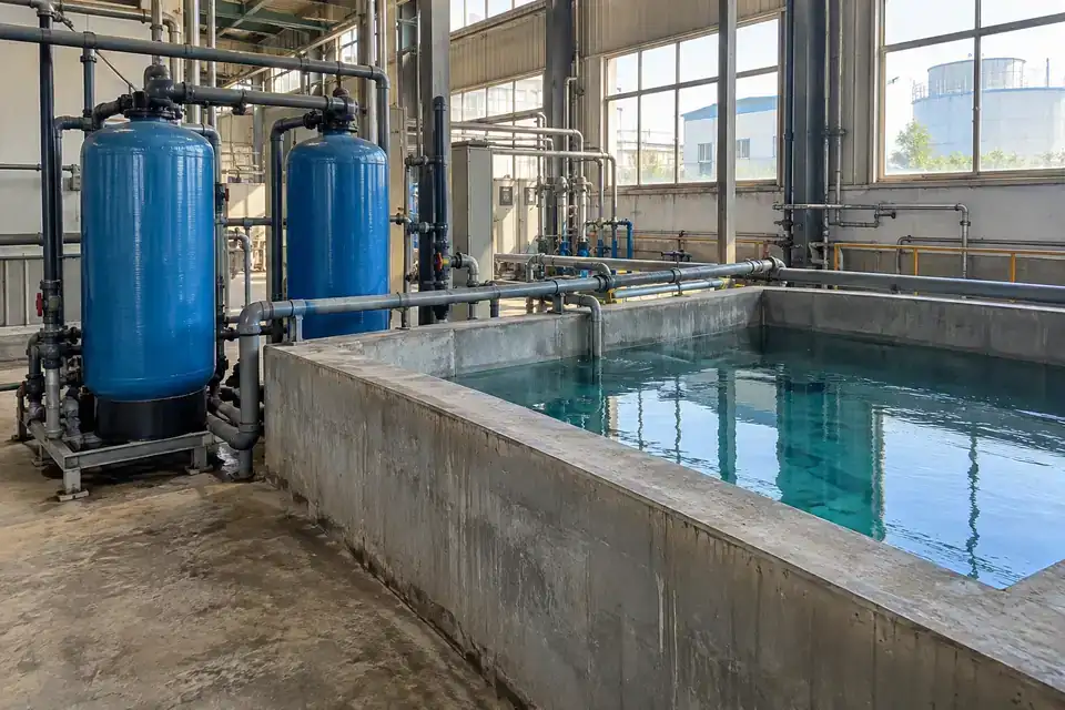 Industrial boiler-house pretreatment water-storage area with filters and cool make-up tank, not a boiler drum