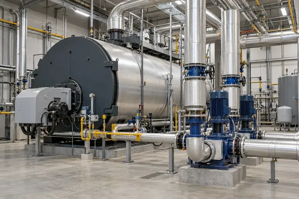 Industrial boiler house with circulation pumps and insulated water services