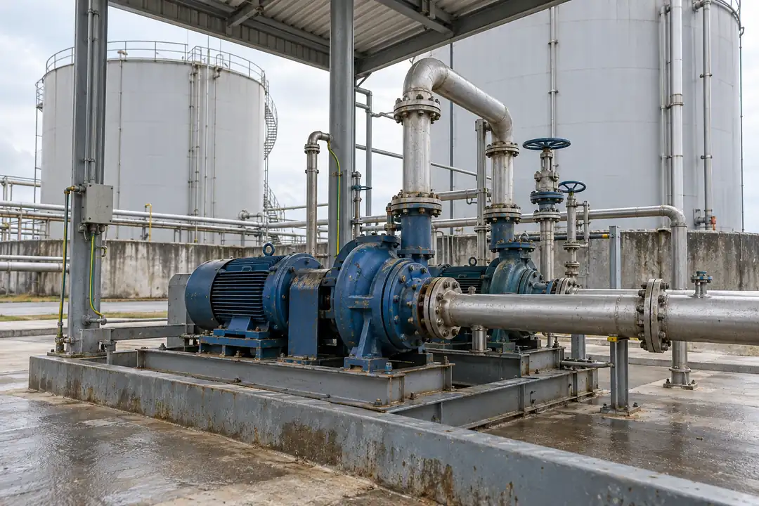Outdoor bulk solvent storage pump skid with pipework, bund and large storage tanks in the background