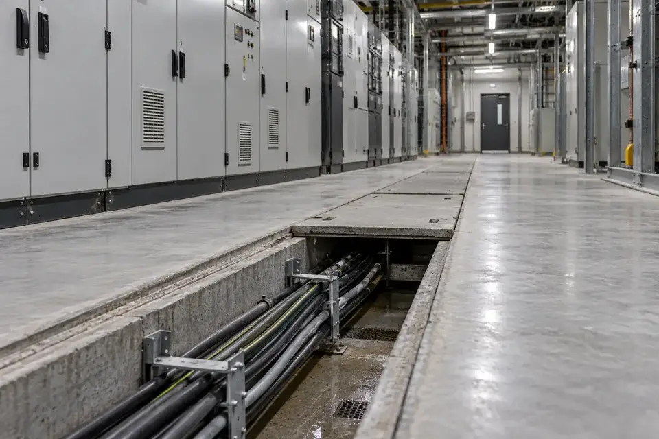 An open cable service trench beside closed industrial electrical cabinets