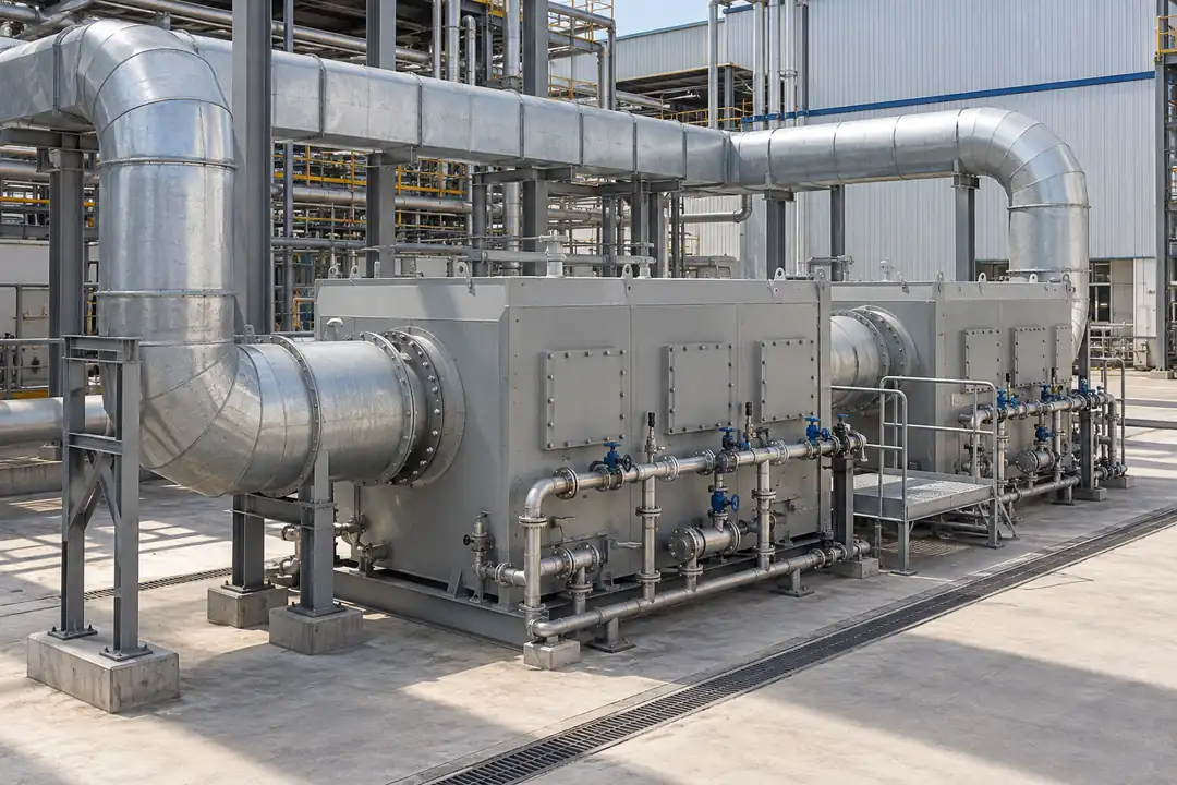 Organic-vapor carbon adsorber bank with connected air ducts, removable bed-access panels and external service valves.
