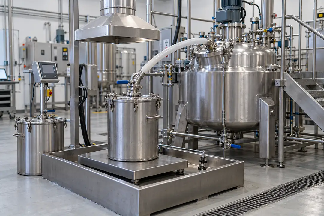 Covered ingredient vessel on a scale transferring to a specialty chemical batch mixer under local extraction