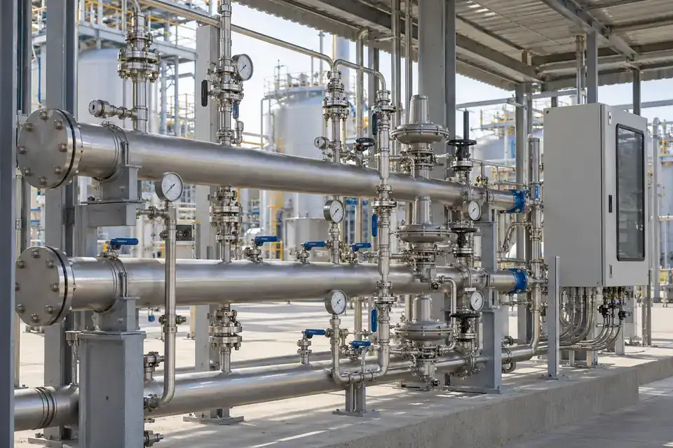 Chemical plant gas manifold area with labeled process connections, valves, industrial pipework and accessible service routes