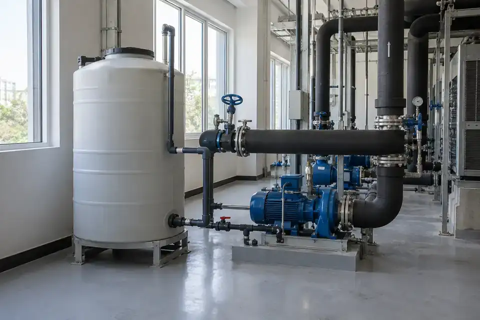 Commercial industrial chiller plant with a vented make-up water tank and well-organized utility pipework