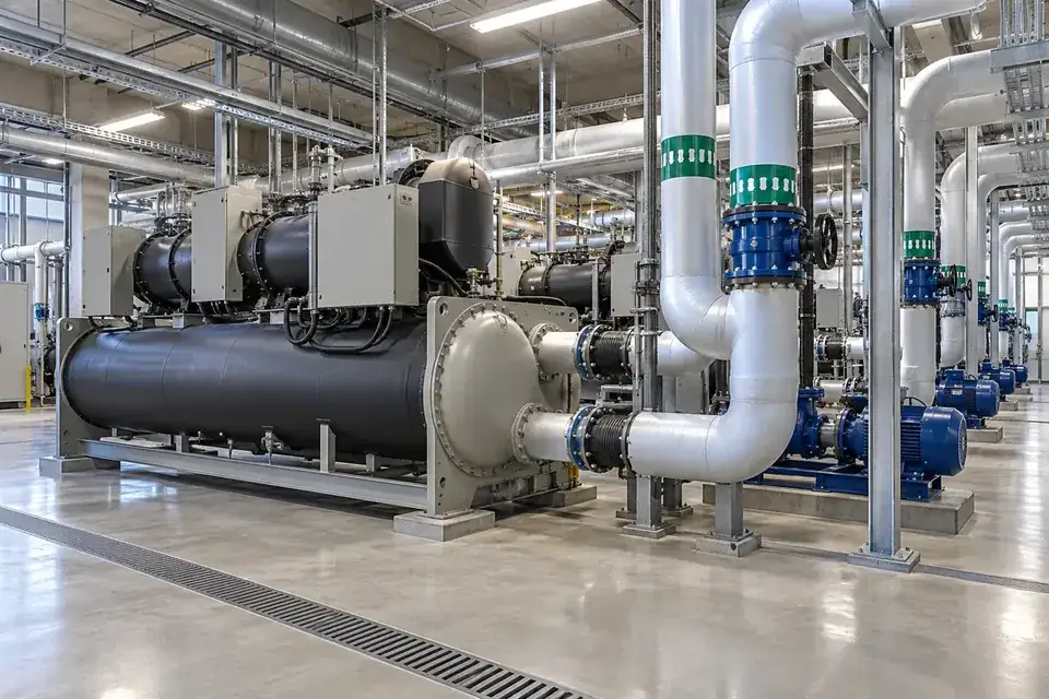 Industrial chiller with insulated water pipework and adjacent plant services