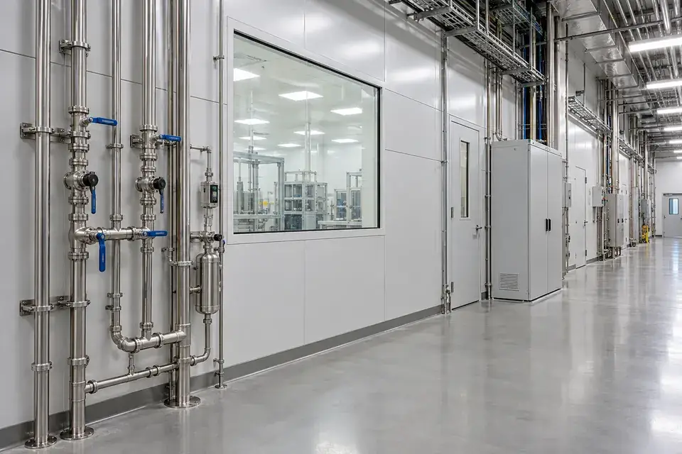 External cleanroom utility corridor with water-service pipes, closed utility cabinets, a viewing window and a clear floor perimeter