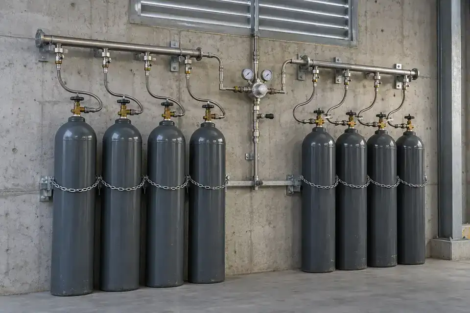 Industrial CO2 cylinder manifold with secured cylinders, pressure regulators, organized gas lines and a clear access aisle