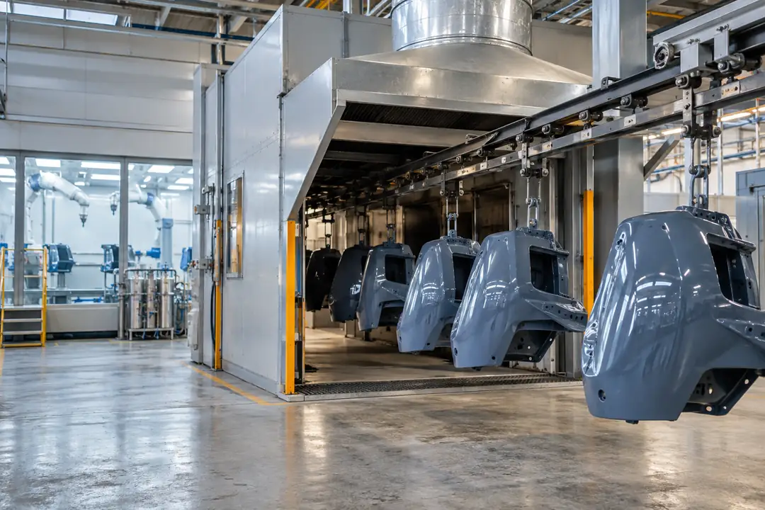 Freshly liquid-coated metal components leaving an extracted drying tunnel beside a visible spray-coating station