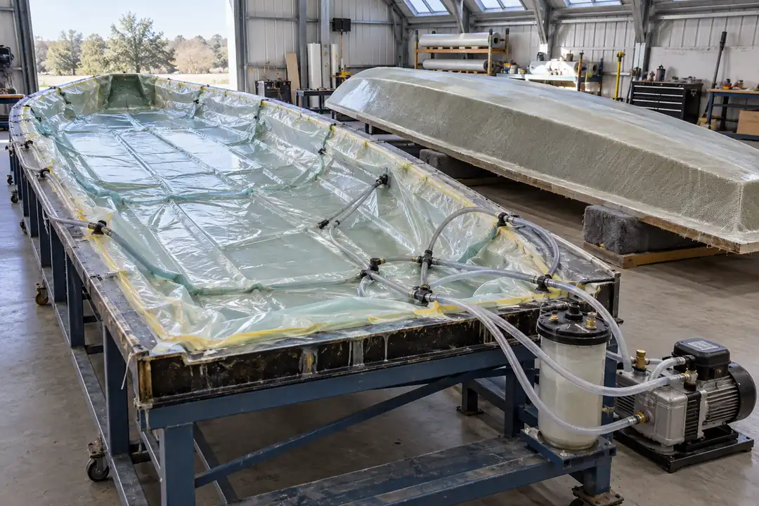 Composite resin infusion mould with vacuum lines and a cured molded part beside the tooling in a fabrication workshop