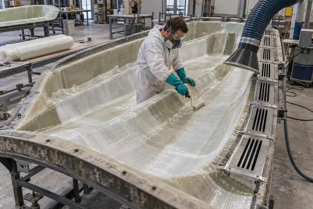 Large fiberglass composite open mould with resin layup materials and local extraction in an industrial fabrication shop