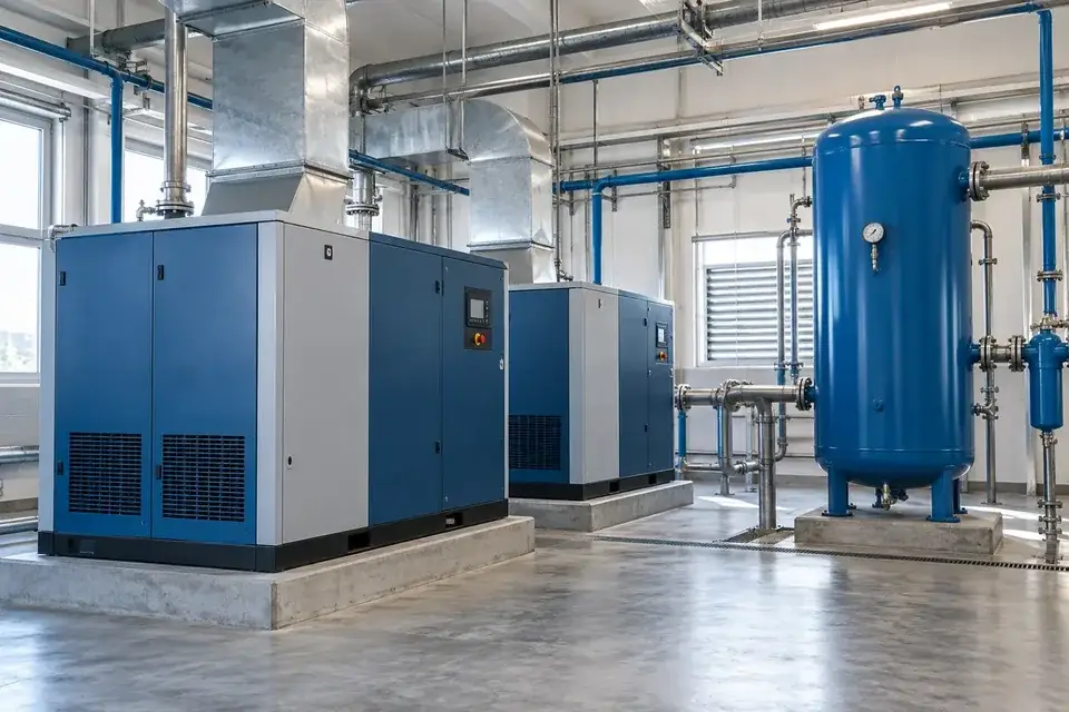 Industrial compressed-air room with compressors and an upright receiver vessel
