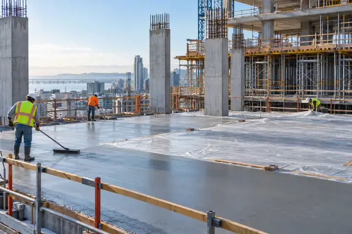 Building construction site with recently cast structural concrete