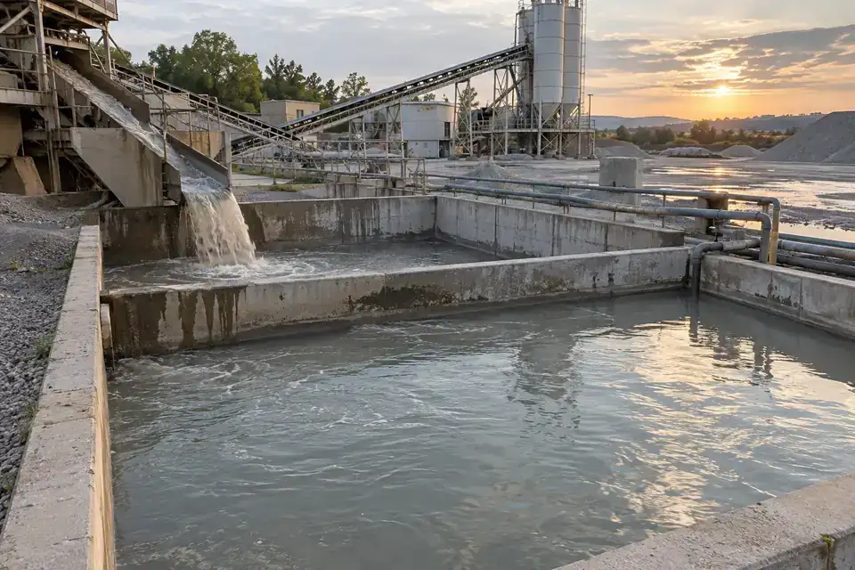 Concrete batching plant with a recycling-water collection basin and adjacent clarified-water compartment