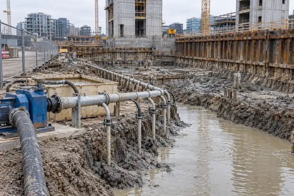 Construction excavation with dewatering wellheads, protected hoses and a marked inspection area
