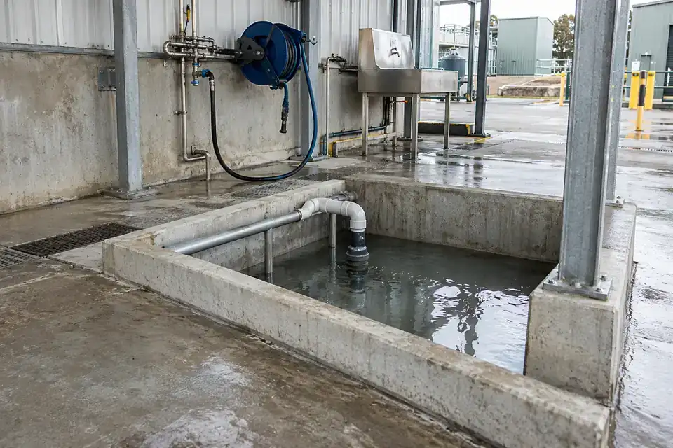 Industrial containment area with a dedicated collection tank, bund walls and a dry inspection walkway