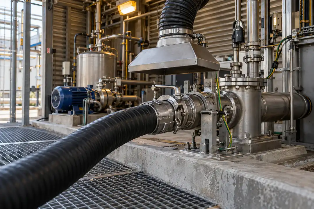 Closed transfer hose coupling and receiver manifold under local extraction in an industrial effluent station.