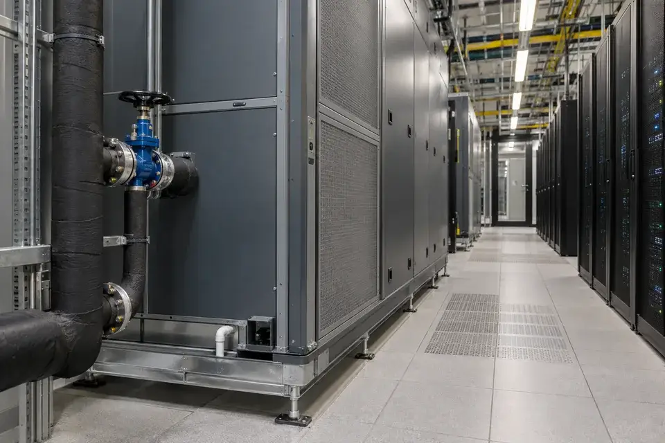 Data-centre cooling unit with accessible chilled-water connections beside server racks