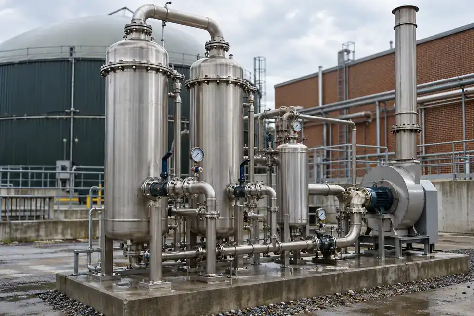 Digester gas-treatment skid with gas cleanup vessels, condensate management and interconnected gas service pipes