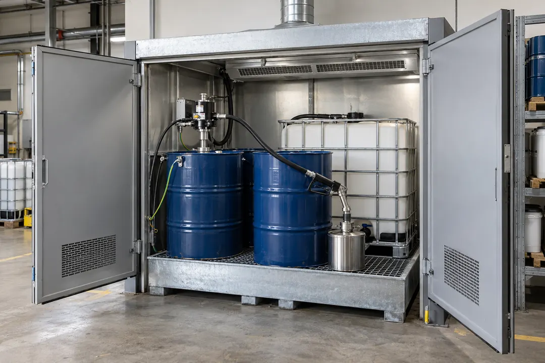 Bunded industrial drum and IBC solvent dispensing cabinet with transfer hoses and closed receiving containers