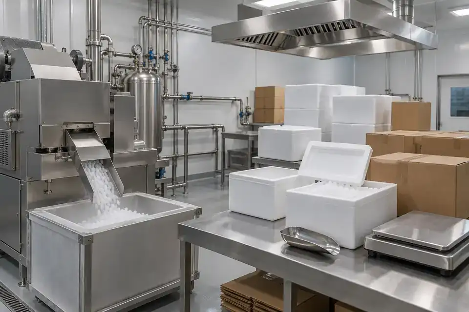 Industrial dry-ice packing room with insulated containers, a packing bench and organized ventilation equipment