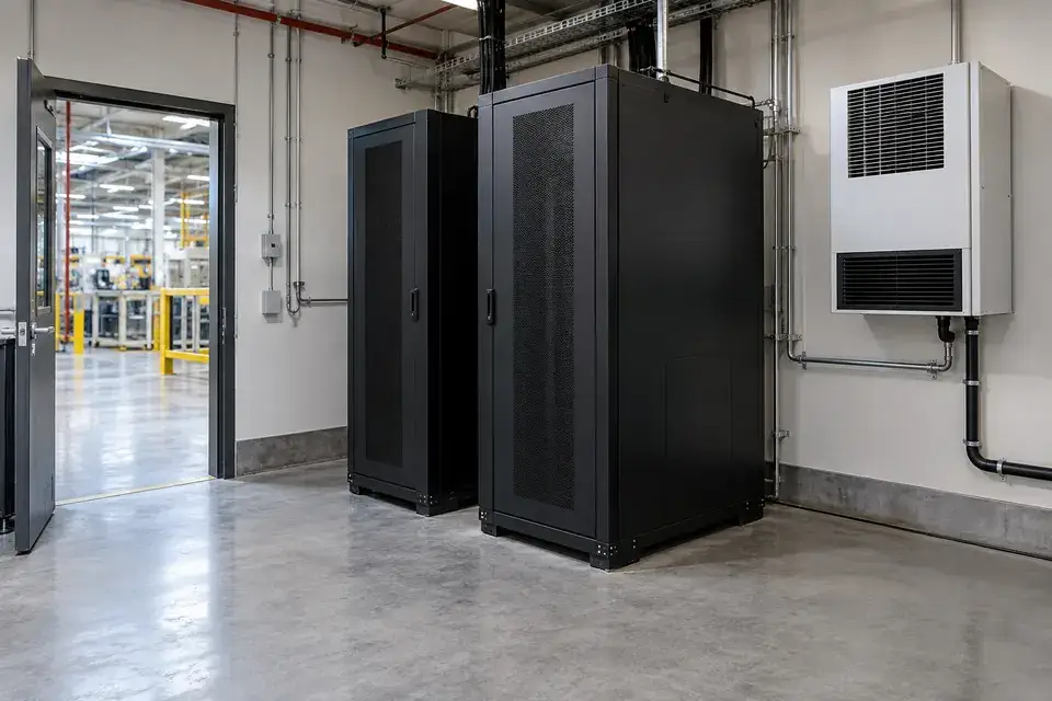 Full-height industrial edge-computing cabinets beside a cooling unit and accessible floor in a factory service room