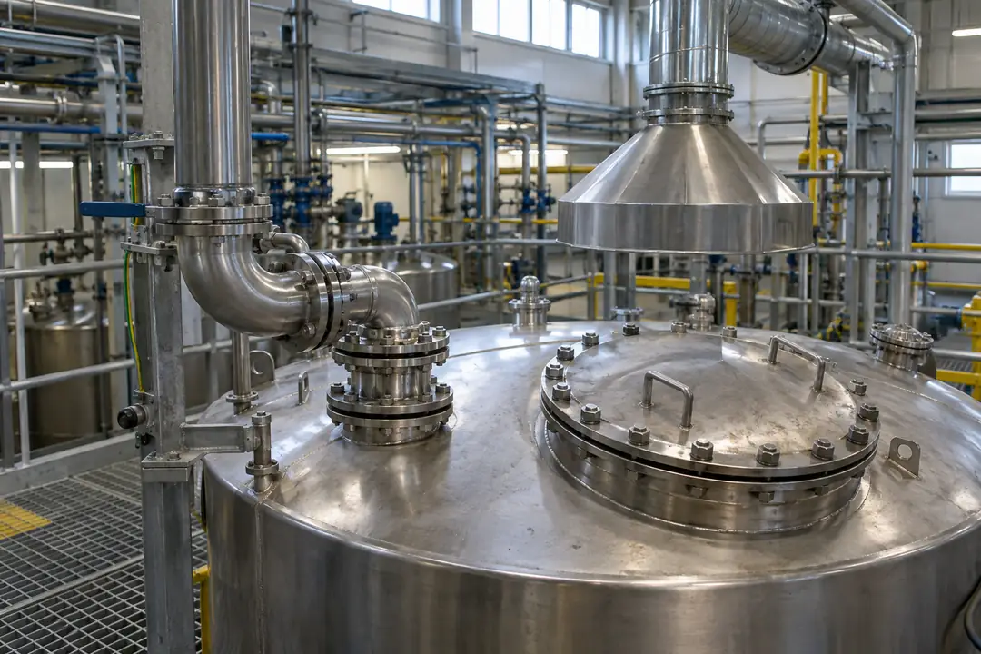 Closed industrial solvent-bearing effluent vessel with inspection hatch, inflow connection and local air extraction.