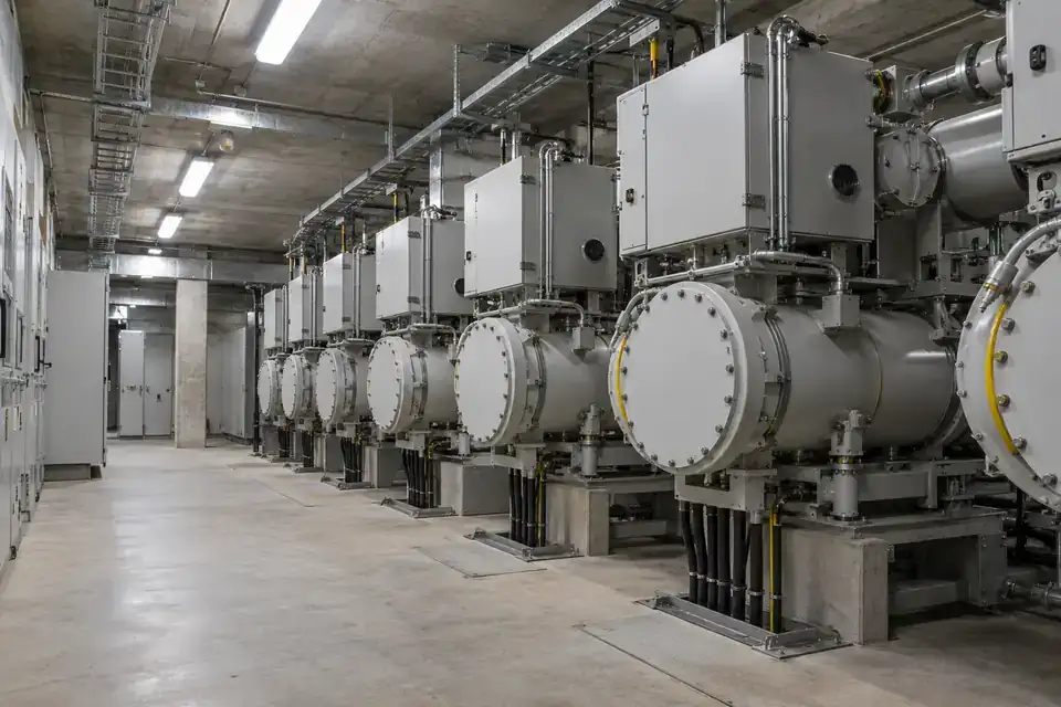 Industrial electrical basement with gas-insulated equipment, cable routes, ventilation ducts and a clear service walkway