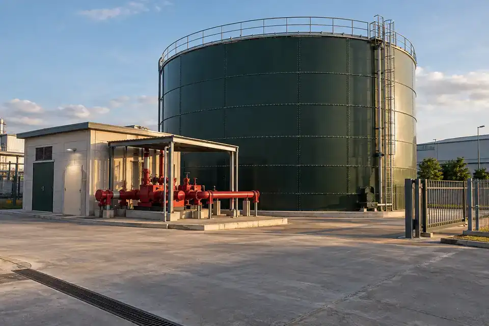 Industrial emergency water-storage tank compound with service access and plant infrastructure