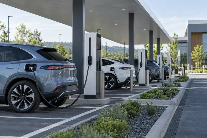 Modern electric-vehicle charging forecourt with charging pedestals