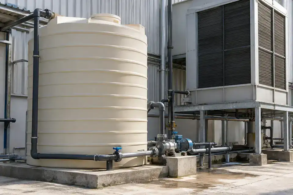 Industrial evaporative cooling installation with accessible supply-water tank and ventilation equipment