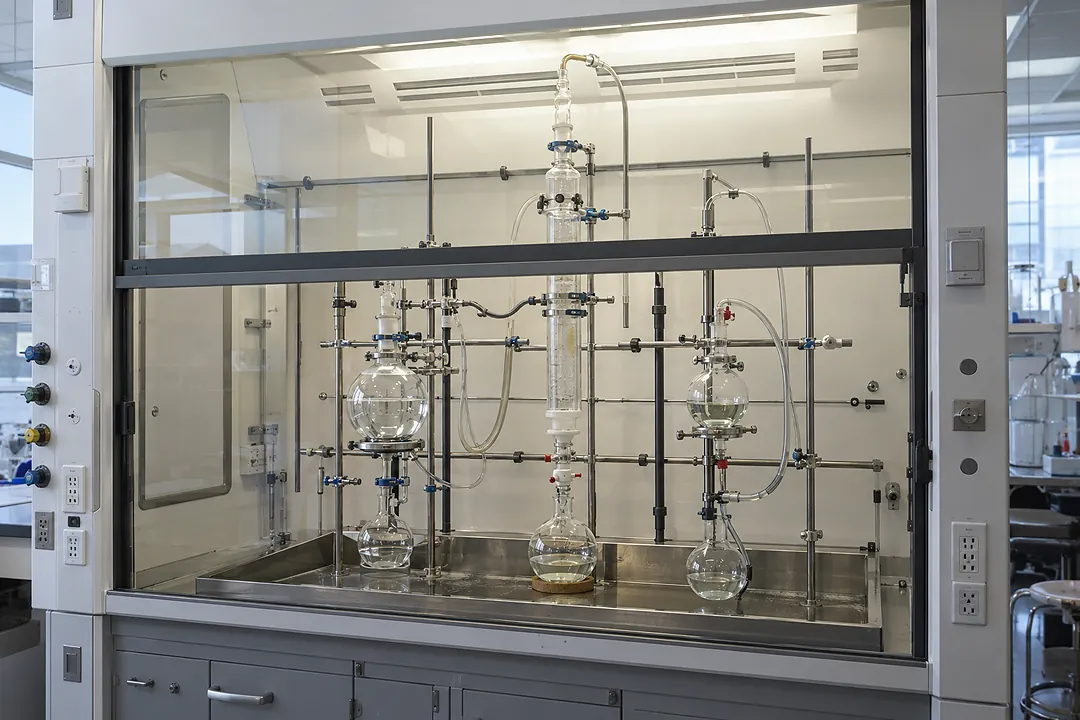 Pilot-scale solvent extraction apparatus inside a large industrial laboratory fume hood with organized glass and stainless vessels