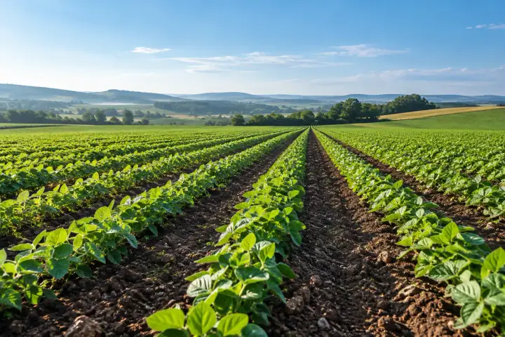 Cultivated farmland with crop rows and exposed agricultural soil