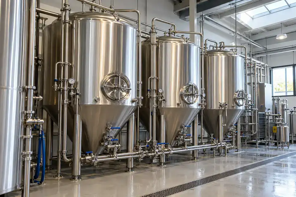 Industrial fermentation service hall with stainless-steel process tanks, pipework and a clear utility walkway