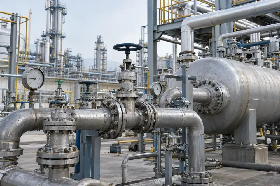 Fertilizer-plant ammonia service area with process pipes, valves and accessible industrial service platforms