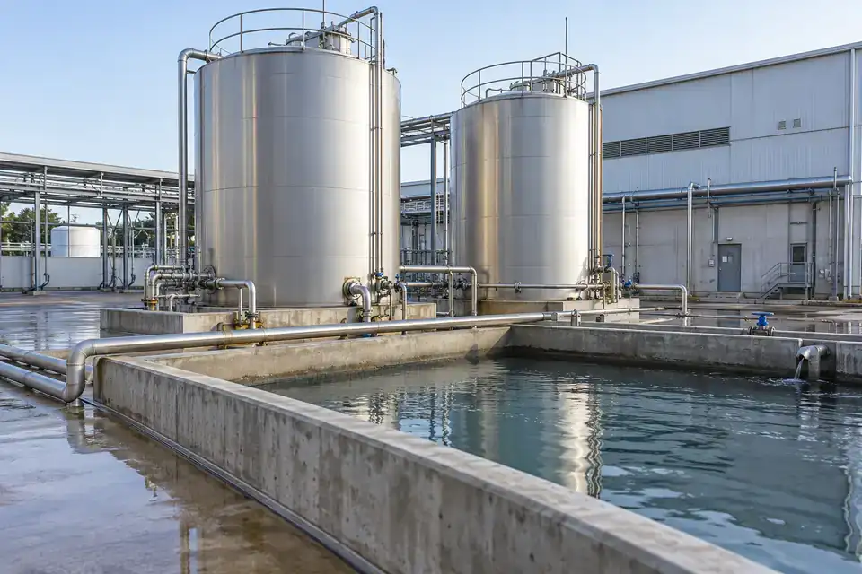 Food and beverage factory utility area with water-storage tanks and clearly organized service pipework