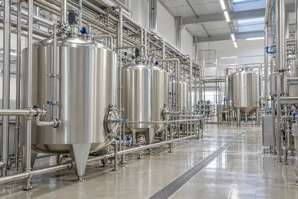Stainless tanks and service pipework in a clean food or beverage plant