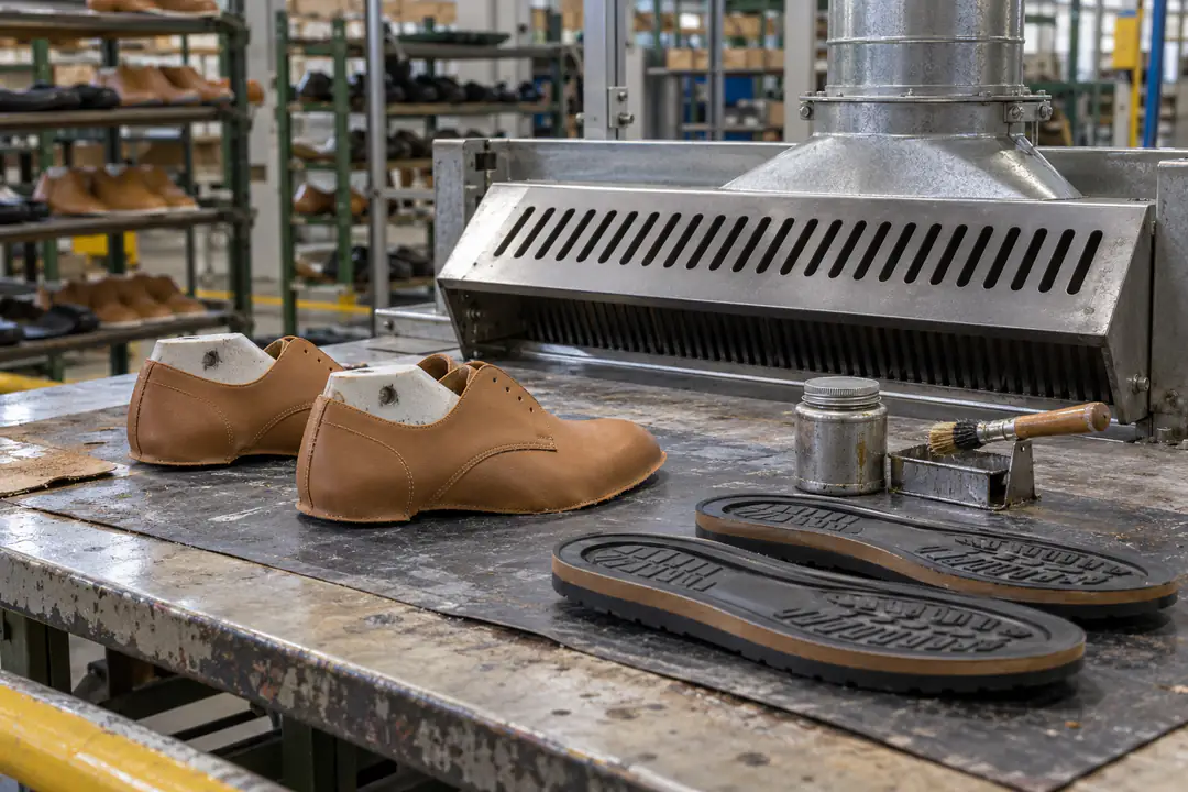 Factory footwear upper bonding bench with metered adhesive applicators and a rear extraction slot