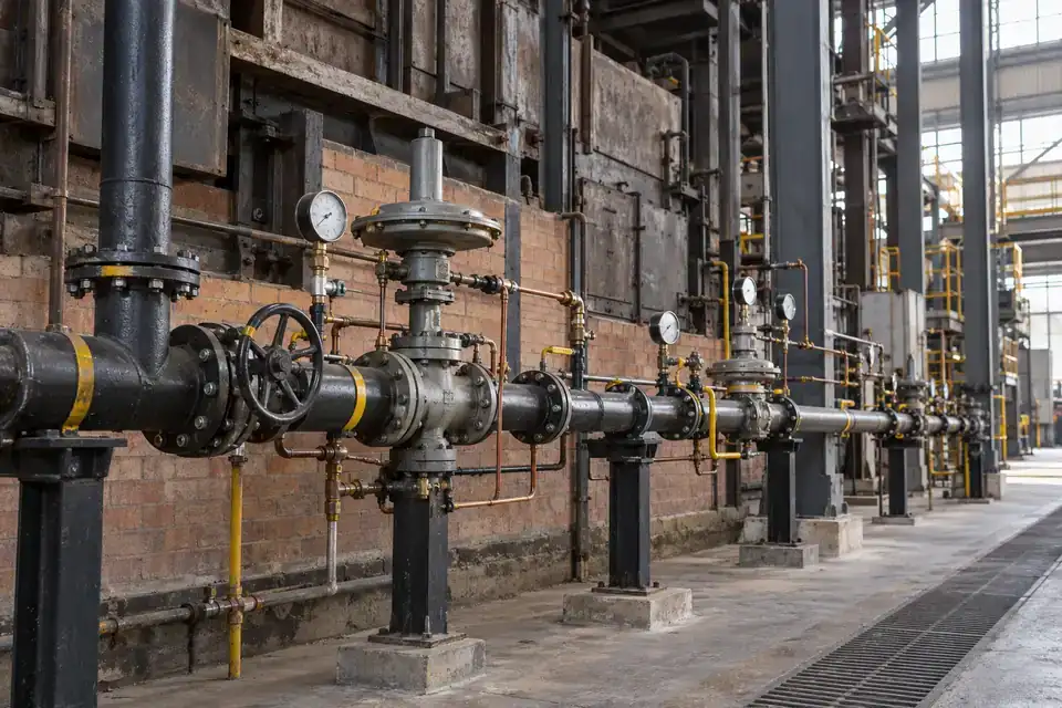 Foundry combustion service area with a metal-melting furnace, organized fuel-gas pipework and industrial ventilation