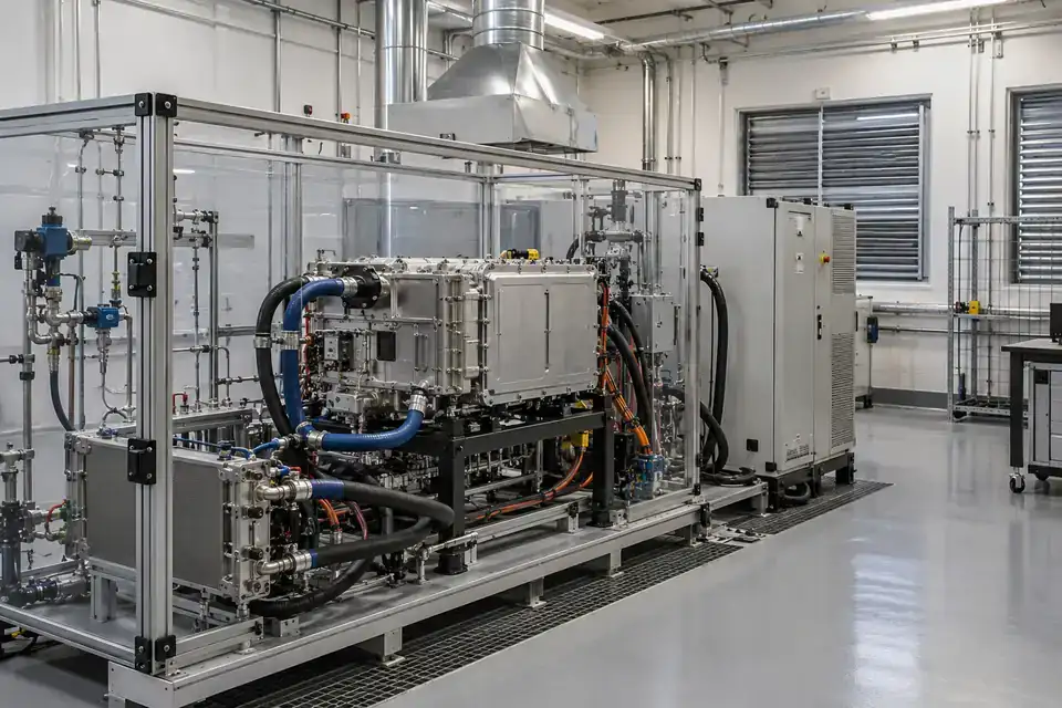 Industrial fuel-cell and hydrogen test bay with a test rig, gas utility panel and service connections