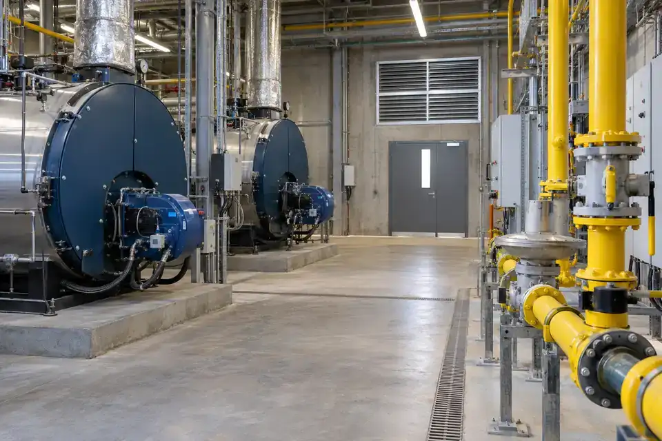 Industrial boiler-house fuel-gas train and service pipework, with boiler equipment visible in the background