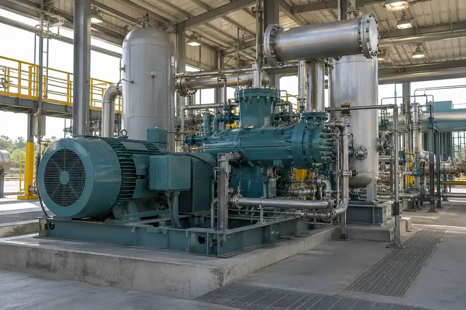 Natural-gas compression skid with recognizable compressor machinery, gas manifolds and industrial service access
