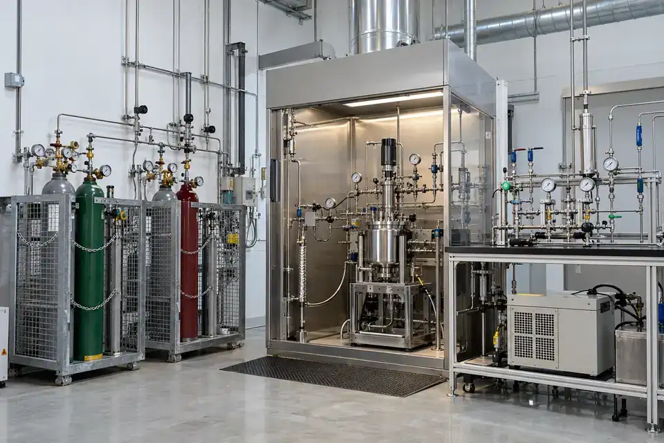 Industrial gas pilot laboratory with test skids, secured gas supplies, instrument tubing and an accessible work area