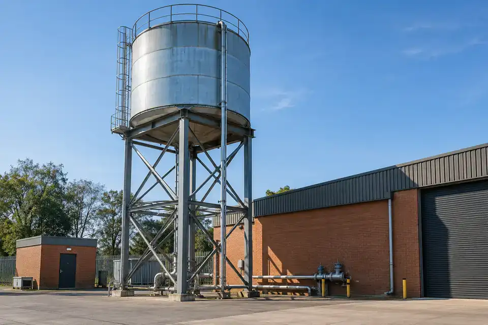 Elevated industrial service-water tank with access platform and visible distribution pipework
