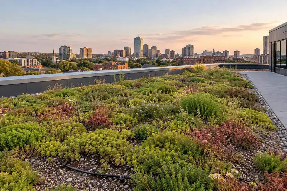 Planted building roof with low-growing vegetation in engineered growing medium and an accessible maintenance path