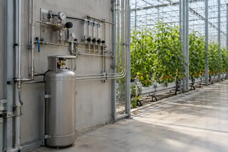 Greenhouse CO2 utility area with a gas dosing manifold, supply pipework and recognizable greenhouse structure in the background